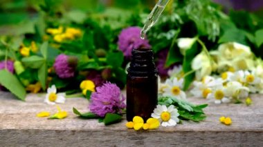 Homeopati, küçük bir şişedeki şifalı bitkilerin tentürü. Seçici odak.