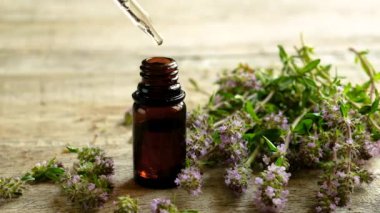 Kekik yağı küçük bir şişede. Seçici odak.