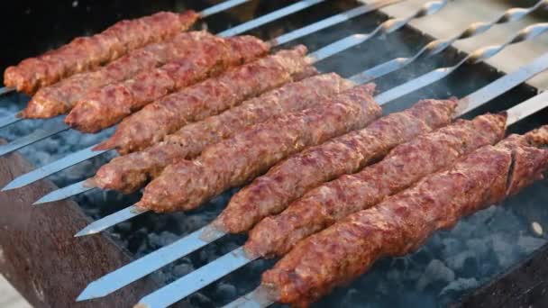 Fry Lula kebab nyárson. Szelektív fókusz. — Stock videók