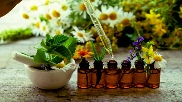 Tincture of medicinal herbs in small bottles. Selective focus.