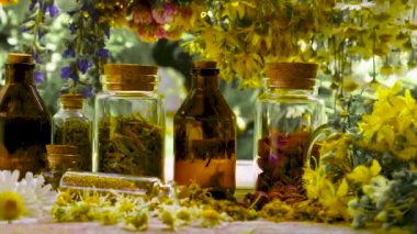 Şişe bitkisel tentür, homeopati. Seçici odak.