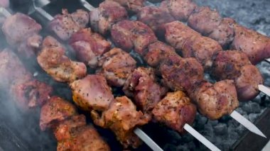 Şişte kızartılmak üzere Shashlik eti. Seçici odak.