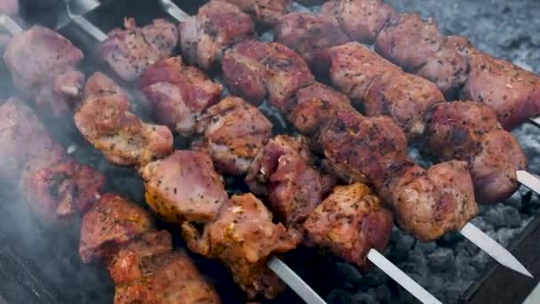 Shashlik kött att steka på spett. Selektiv inriktning. — Stockvideo