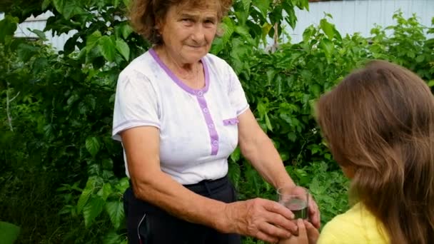 Het kind geeft de oma een glas water. Selectieve focus. — Stockvideo