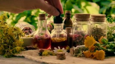 Şişe bitkisel tentür, homeopati. Seçici odak.