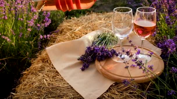 Vino de picnic en un campo de lavanda. Enfoque selectivo. — Vídeos de Stock