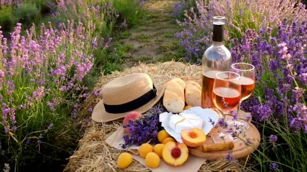 Wino piknikowe na polu lawendowym. Skupienie selektywne. — Wideo stockowe