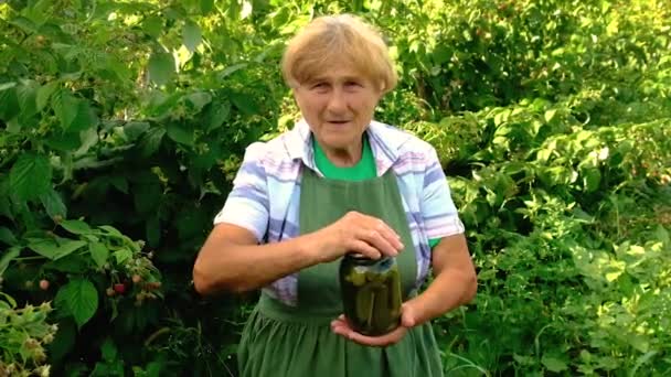 La abuela enlató pepinos caseros para el invierno. Enfoque selectivo. — Vídeo de stock