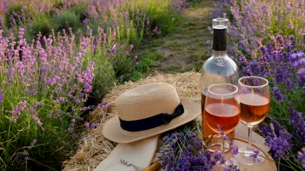 Picknick vin på ett lavendelfält. Selektiv inriktning. — Stockvideo