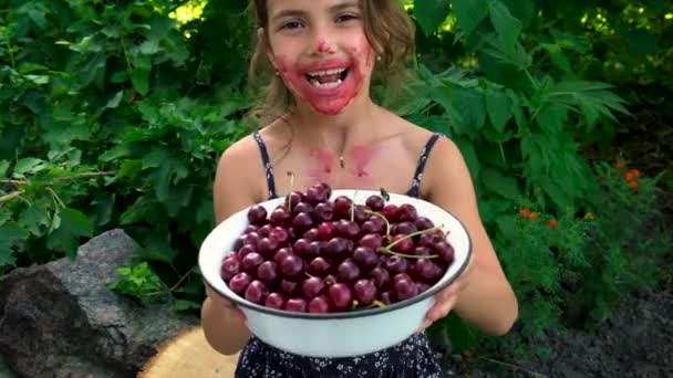 Dítě jí třešně na zahradě. Selektivní zaměření. — Stock video