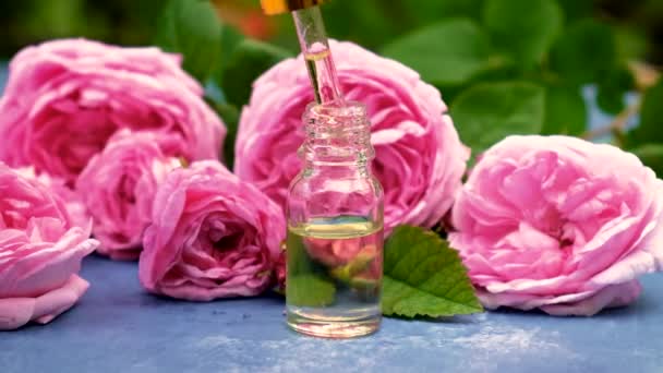 Tè rosa olio essenziale in una piccola bottiglia. Focus selettivo. — Video Stock