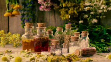 Şişe bitkisel tentür, homeopati. Seçici odak.