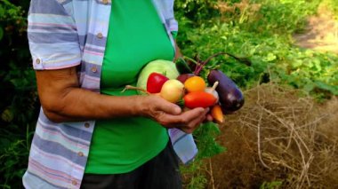 Sebze hasadı olan büyükanne ve çocuk. Seçici odak.