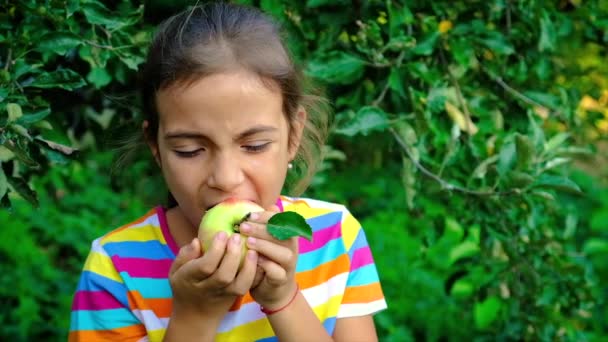 Ребёнок ест яблоко в саду. Селективный фокус. — стоковое видео