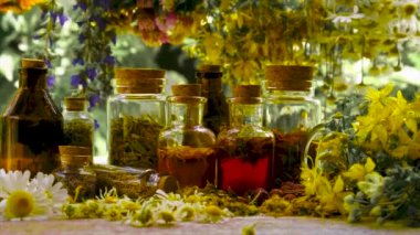 Şişe bitkisel tentür, homeopati. Seçici odak.