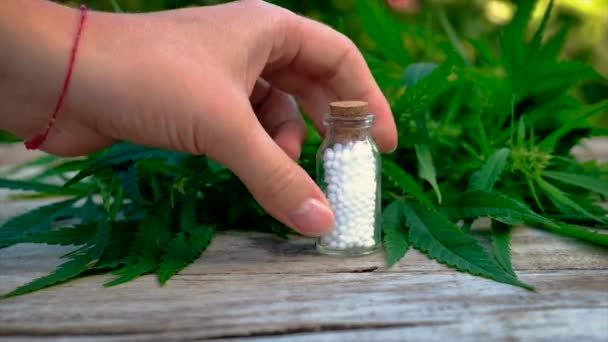 Homeopathie cannabis pillen in een fles. Selectieve focus. — Stockvideo