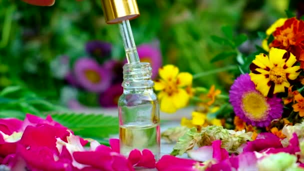 Essentiële olie van kruiden en bloemen in flessen. Selectieve focus. — Stockvideo