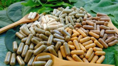 Various herbal supplement capsules. Selective focus. nature.