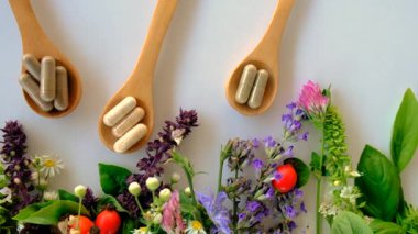 Various medicinal herbs and flowers and supplements. Selective focus. nature.