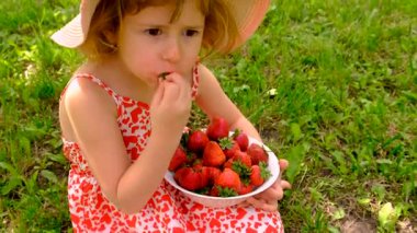 Bahçesinde çilek olan çocuk. Seçici odaklanma. Çocuk.
