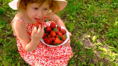Bahçesinde çilek olan çocuk. Seçici odaklanma. Çocuk.