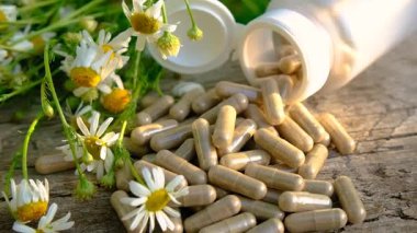 Alternatif tıp ve kozmetik ürünleri için papatya çayı. Seçici odaklanma. Doğa.