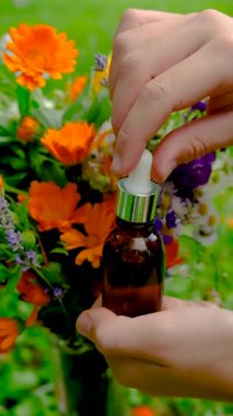 Bitkilerden ve çiçeklerden oluşan esaslı bir yağ. Seçici odaklanma. Doğa.