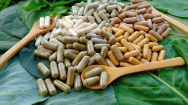 Various herbal supplement capsules. Selective focus. nature.