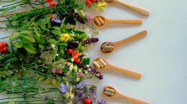 Various medicinal herbs and flowers and supplements. Selective focus. nature.