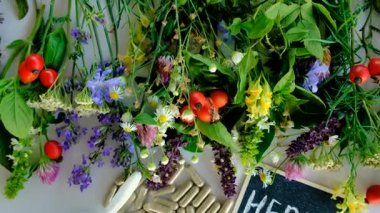 Various medicinal herbs and flowers and supplements. Selective focus. nature.