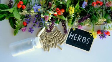 Various medicinal herbs and flowers and supplements. Selective focus. nature.