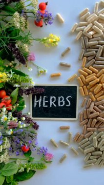 Various medicinal herbs and flowers and supplements. Selective focus. nature.
