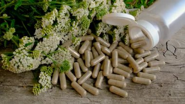 Kemik dokusu takviyesi ve konservatuar homeopati. Seçici odaklanma. Doğa.