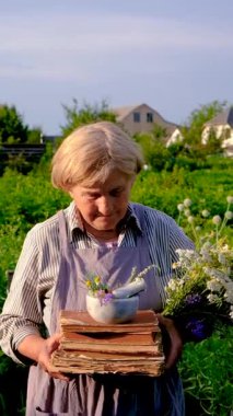 Şifalı otları olan bir kadın. Seçici odaklanma. Doğa.