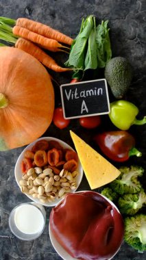 Products containing vitamin A. Selective focus. Food.