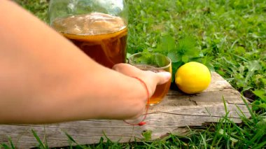 Kombucha in a jar at home. Selective focus. Drink.