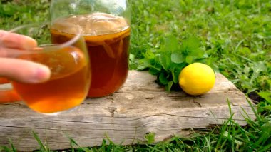 Kombucha in a jar at home. Selective focus. Drink.