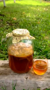 Kombucha in a jar at home. Selective focus. Drink.
