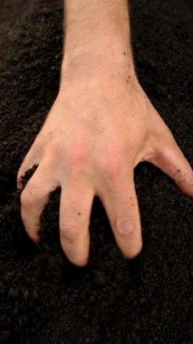 Soil in a man hands. Selective focus. Nature.