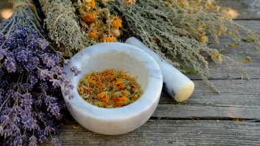 Kurumuş şifalı otları olan bir kadın. Seçici odaklanma. Doğa.