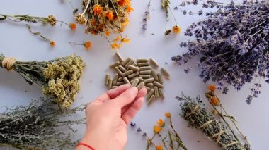 Kurutulmuş şifalı bitkiler ve çiçekler. Seçici odaklanma. Doğa.