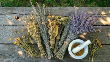 Kurumuş şifalı otları olan bir kadın. Seçici odaklanma. Doğa.