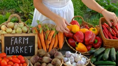 Markette sebzeli bir kadın. Seçici odaklanma. Yiyecek..