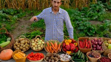 Çiftçi pazarında sebzeli bir adam. Seçici odaklanma. Yiyecek..