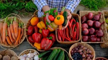 Çiftçi pazarında sebzeli bir adam. Seçici odaklanma. Yiyecek..