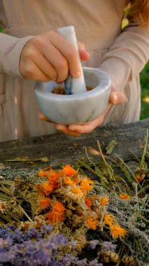 Kurumuş şifalı otları olan bir kadın. Seçici odaklanma. Doğa.