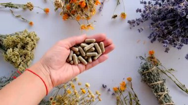 Kurutulmuş şifalı bitkiler ve çiçekler. Seçici odaklanma. Doğa.