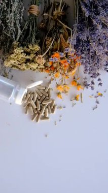 Kurutulmuş şifalı bitkiler ve çiçekler. Seçici odaklanma. Doğa.