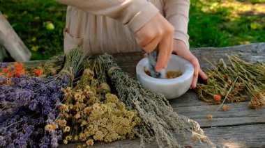 Kurumuş şifalı otları olan bir kadın. Seçici odaklanma. Doğa.