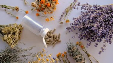 Kurutulmuş şifalı bitkiler ve çiçekler. Seçici odaklanma. Doğa.